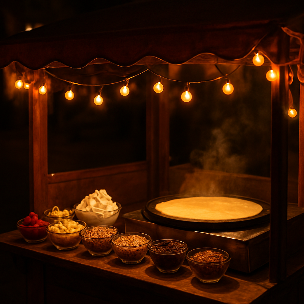 Warm late-night dessert stall with glowing lights and crepe griddle