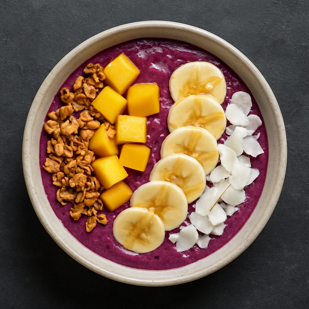 Purple acai dessert bowl with granola, mango, banana and coconut flakes