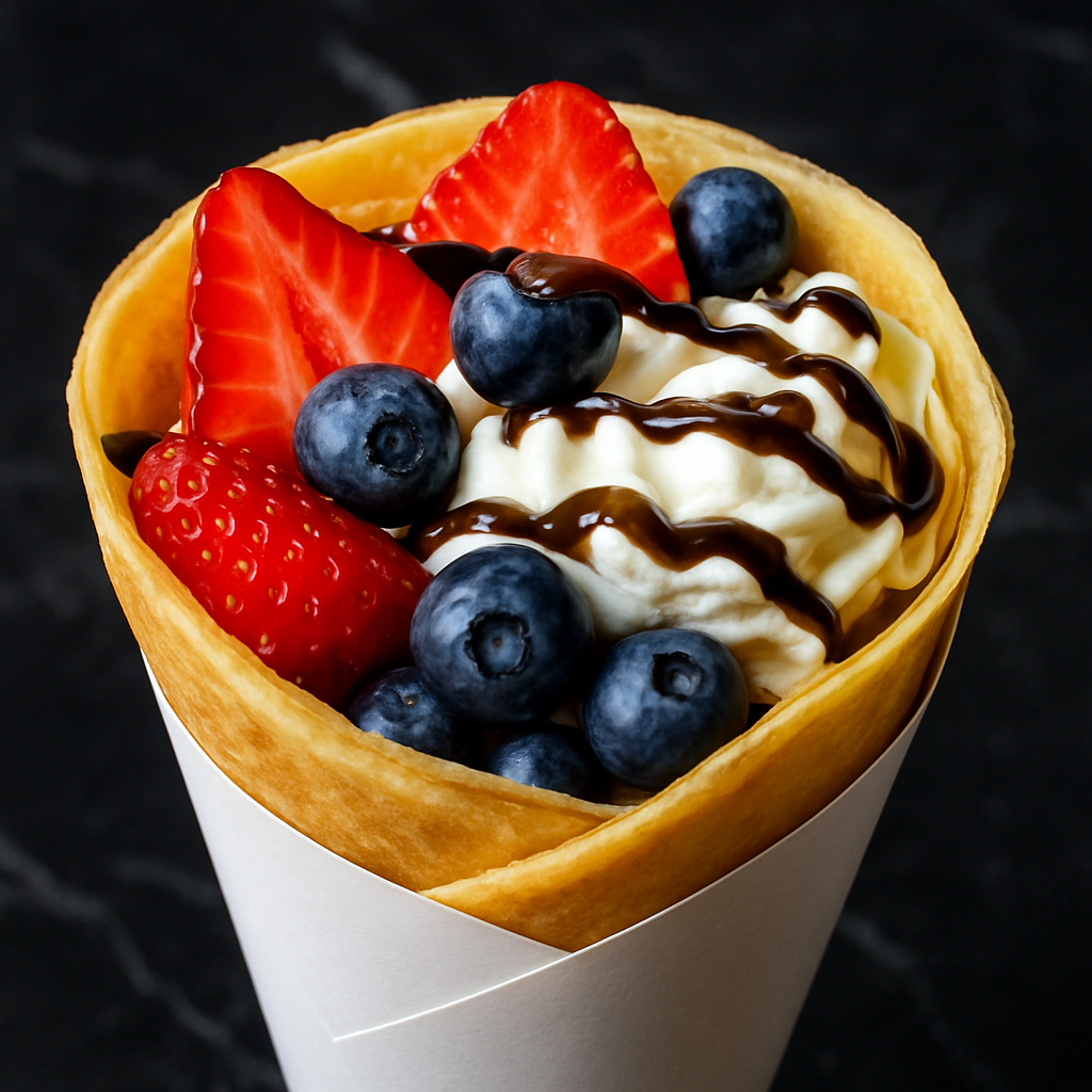 Golden sweet crêpe with strawberries, whipped cream and chocolate drizzle