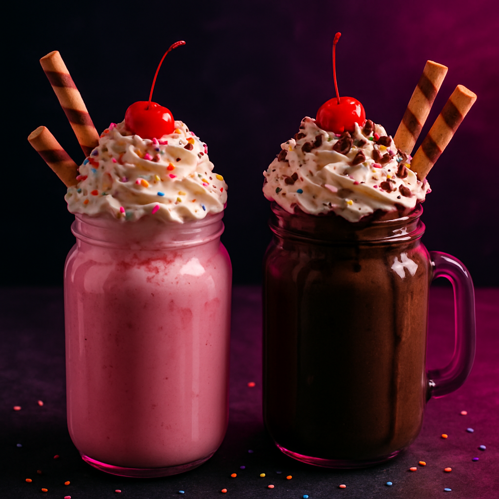 Two indulgent freakshake milkshakes overflowing with whipped cream and sprinkles