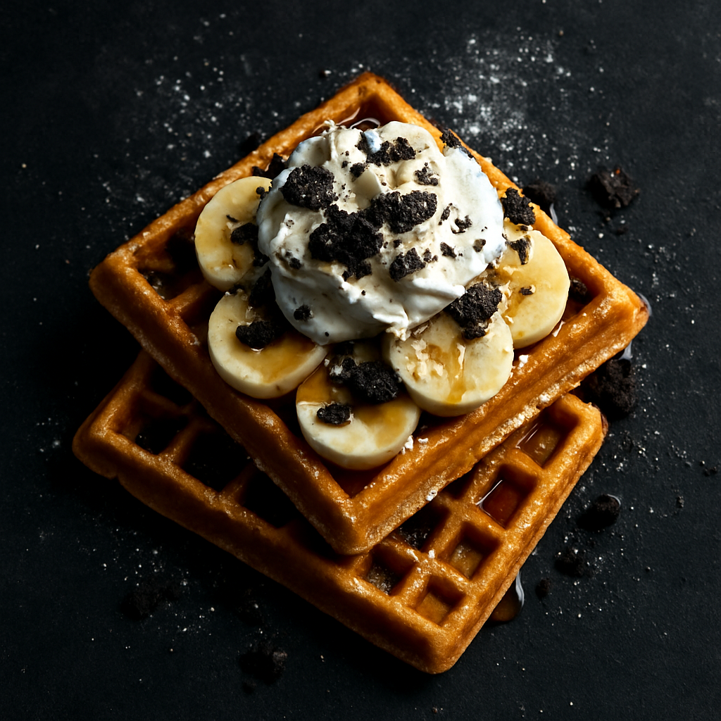 Stacked golden Belgian waffles with banana, maple syrup and whipped cream